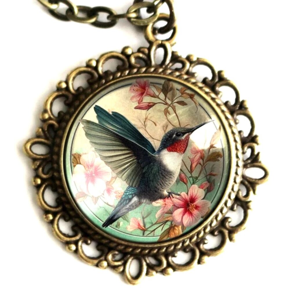 Hummingbird Necklace - Art Nouveau Ornate Pendent - Antique &‎ Vintage Jewelry